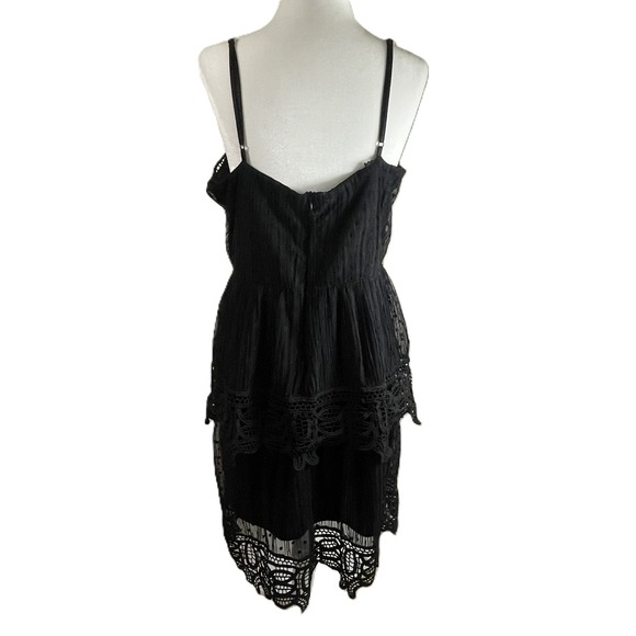 DEX Black Crochet Lace Tiered Polka Dot Mini Dress L Spaghetti Strap Lined Fairy - Picture 2 of 16